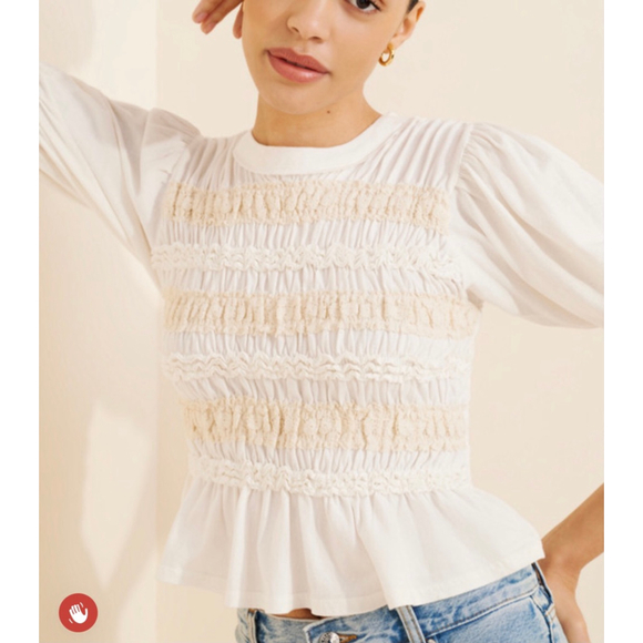 Free People Tops - Free People Maxey Knit Smocked Peplum Top Cream Puff Sleeve Size XL Cottagecore